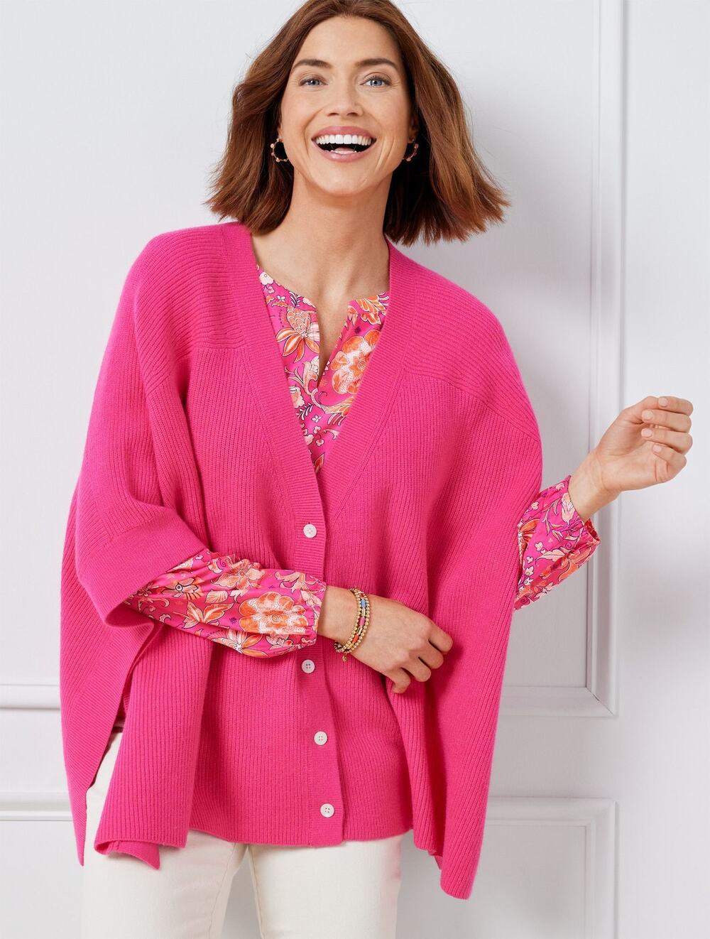 Talbots fuchsia pink ribbed V-neck button-front poncho